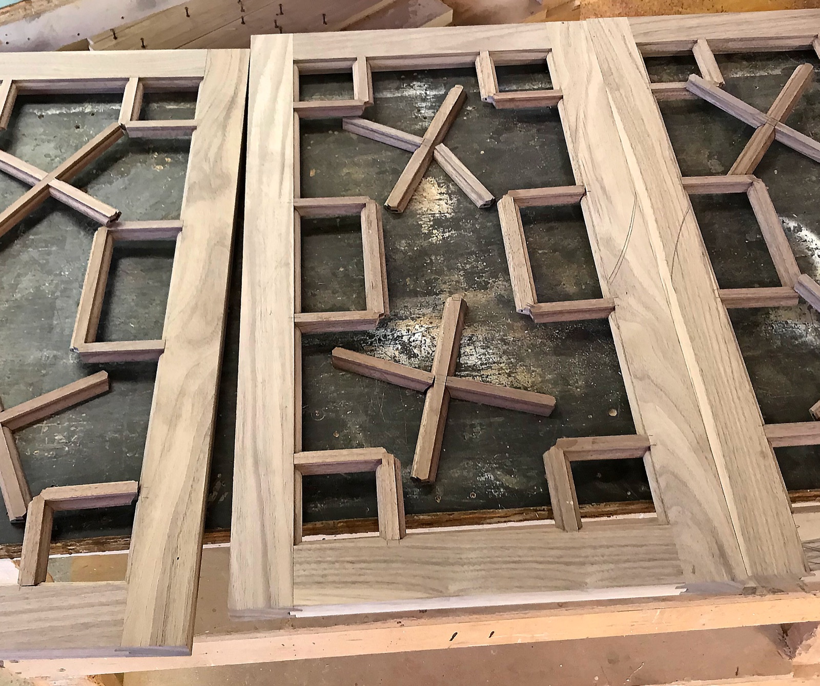 Cabinet door joinery detail with angled muntins