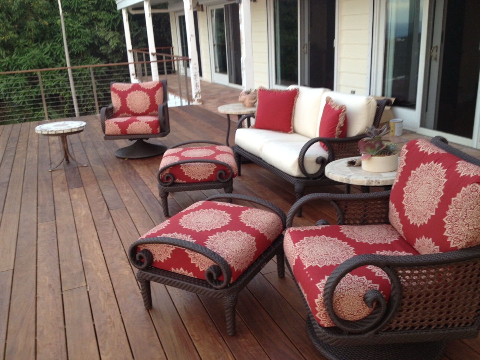 Tropical hardwood backyard deck with patio furniture