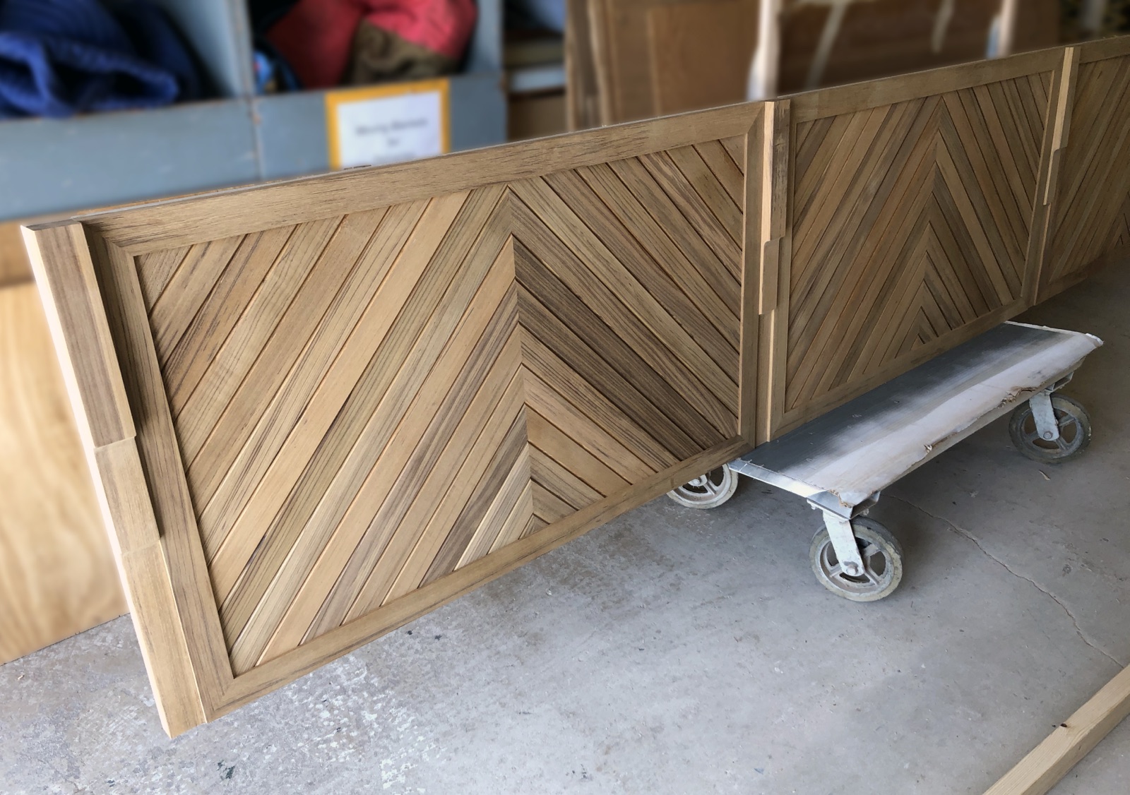 Herringbone panels laid up in the shop