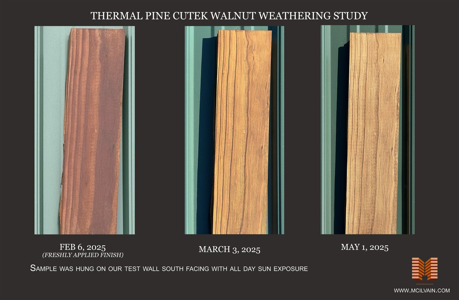 Thermally modified pine weathering study panel in a walnut tone