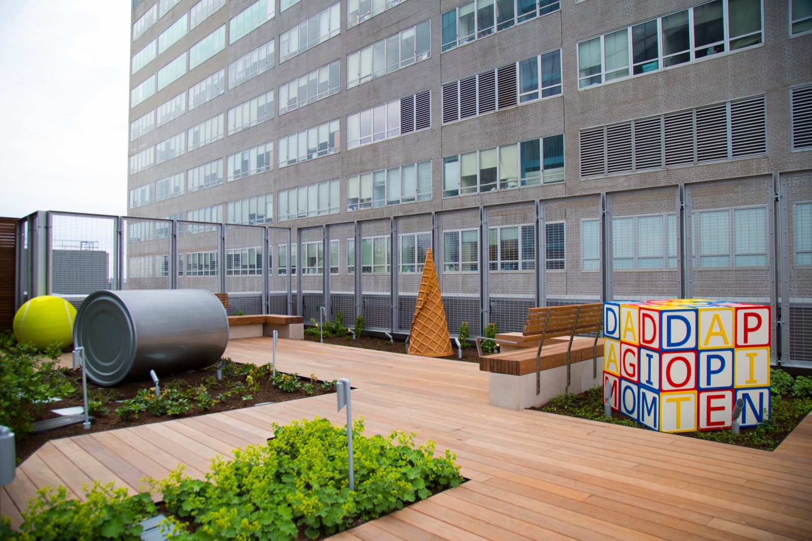 Tropical hardwood decking on an institutional rooftop terrace